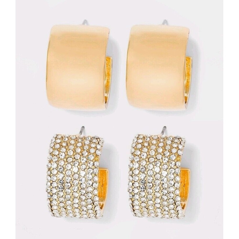 3/$15 Sugarfix by Baublebar Crystal and Beaded Gold Hoop Earring Set Wide 2 Pair